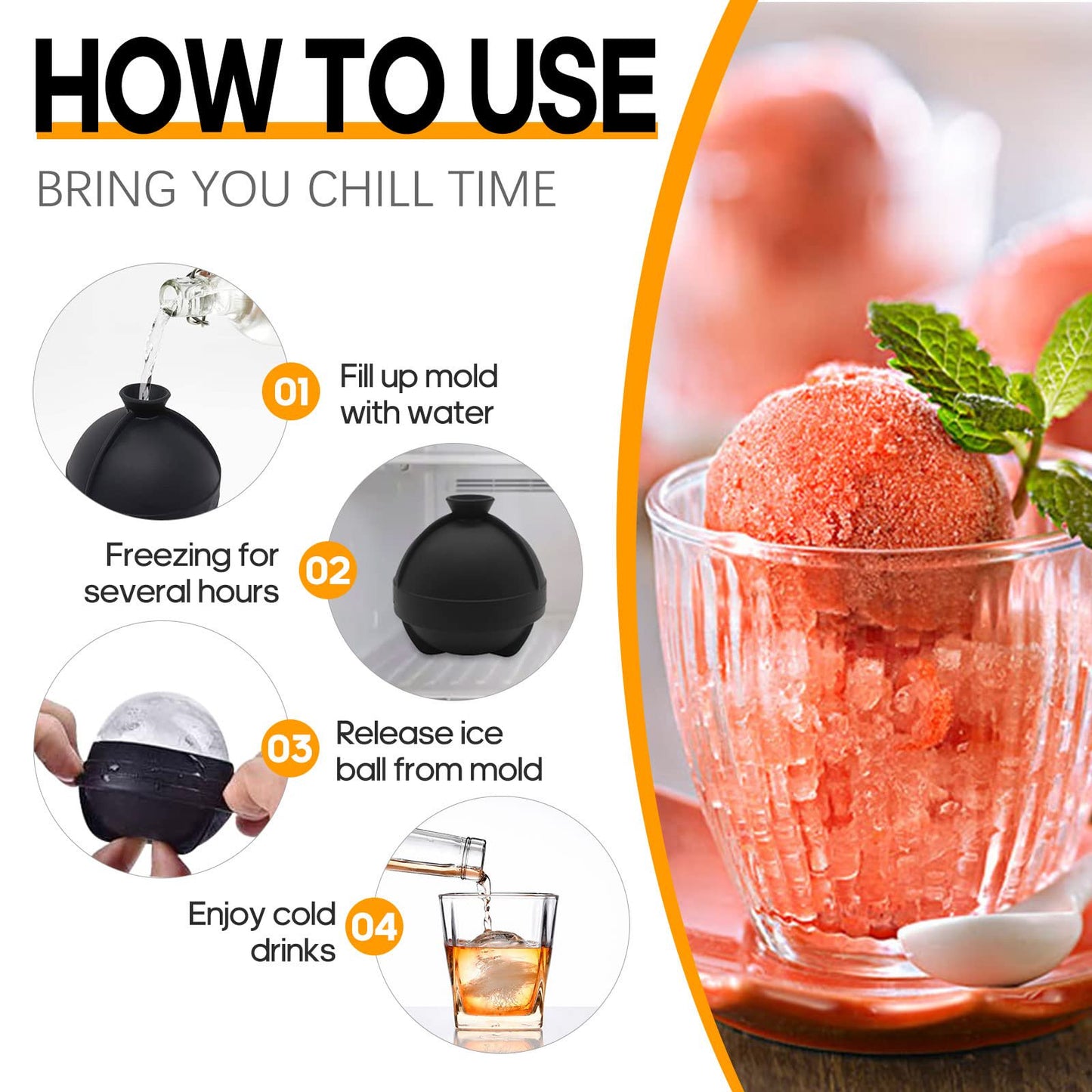 Sevenlady Ice Cube Mold, 2 Pcs Silicone Ice Cube Ball Molds, Sphere Ice Cube Maker with Built-in Funnel for Whiskey/Cocktails Drink, Reusable, Easy Release, and BPA Free